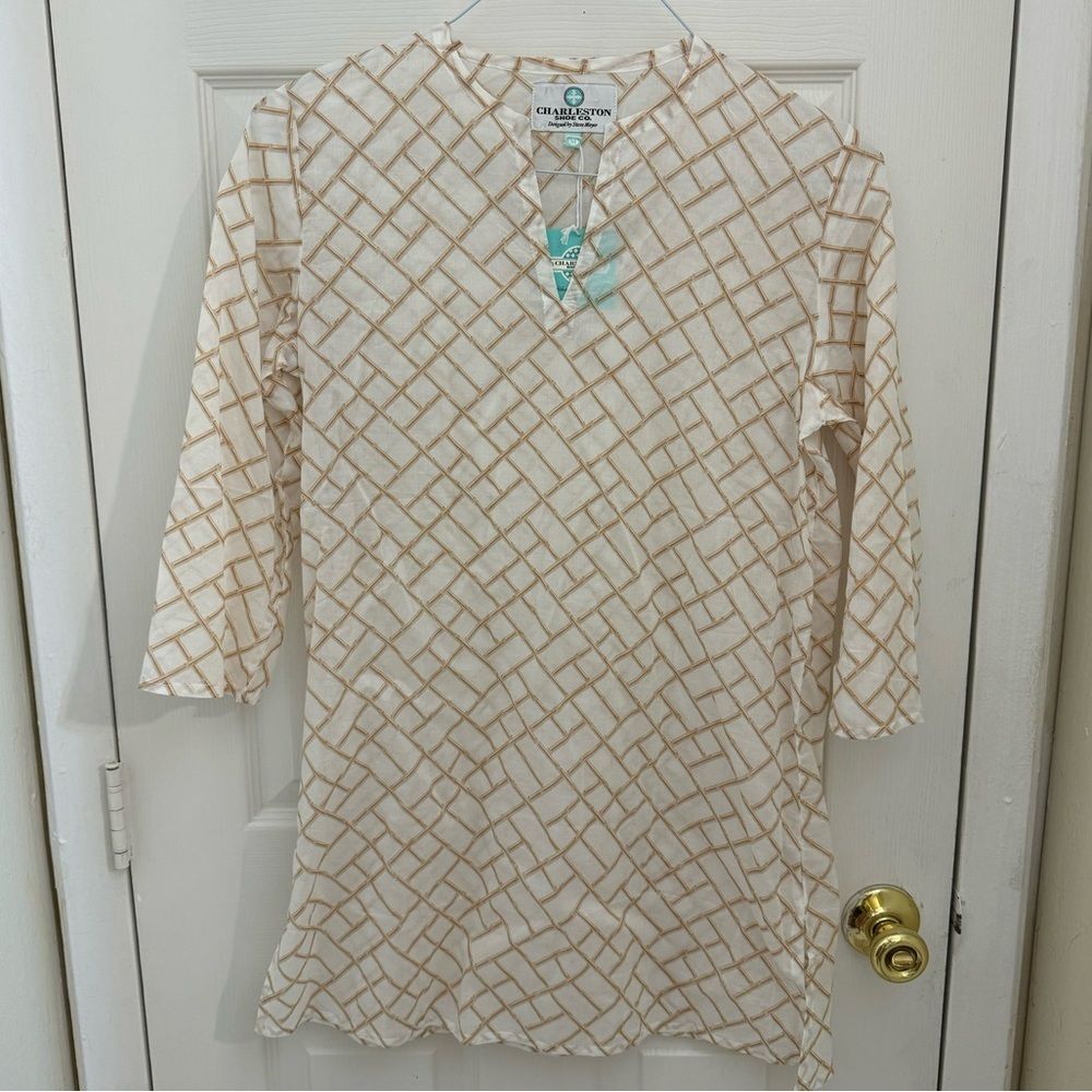 NWT Charleston Shoe Company Dress Size Medium Bamboo Lattice Print White Brown